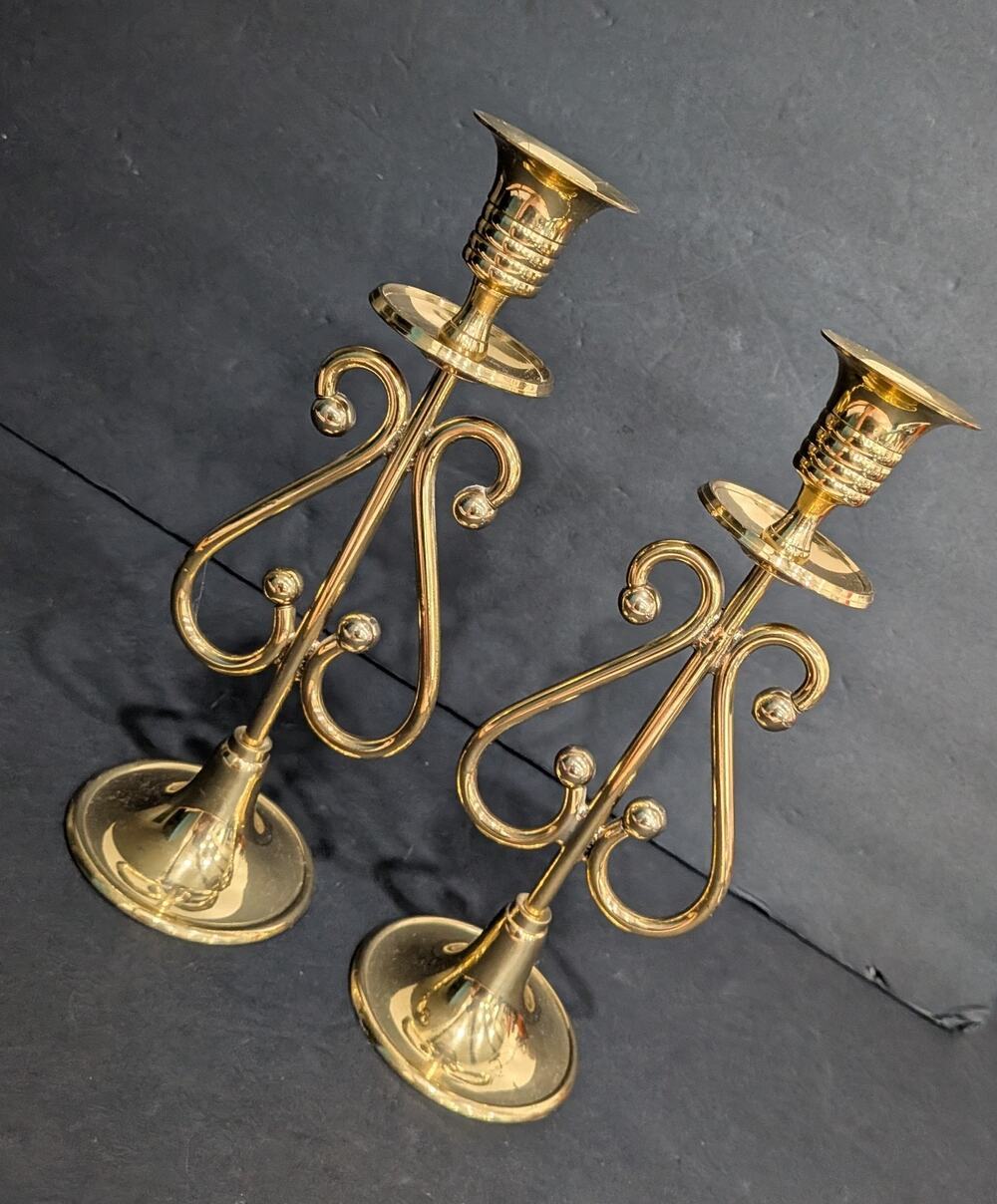 Vintage Brass Taper Candle Holders Pair Hollywood Regency Boho Scroll Heart 9.5"